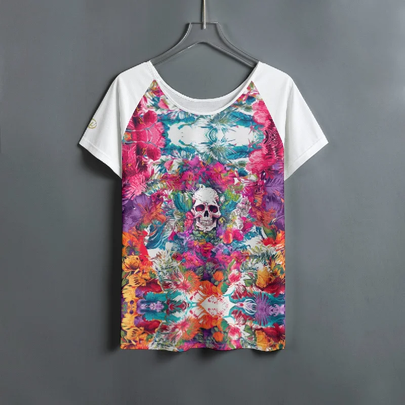 All-Over Print Women's Round Neck T-shirt With Raglan Sleeve summer vibes skull print-- Front Pockets Side Pockets Patch Pockets All-Over Print Women's Round Neck T-shirt With Raglan Sleeve summer vibes skull print-- Front Pockets Side Pockets Patch Pockets