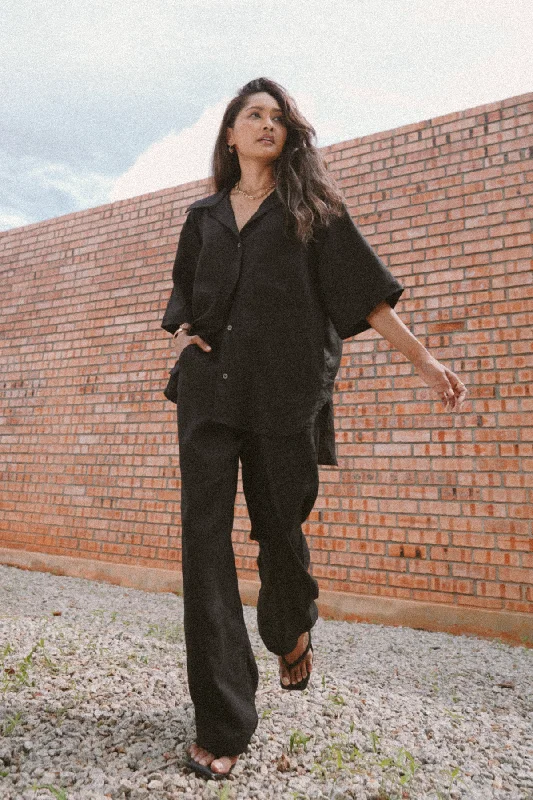 Saturday Short Sleeve Linen Shirt in Black-- Hooded Caped Shawl Collar