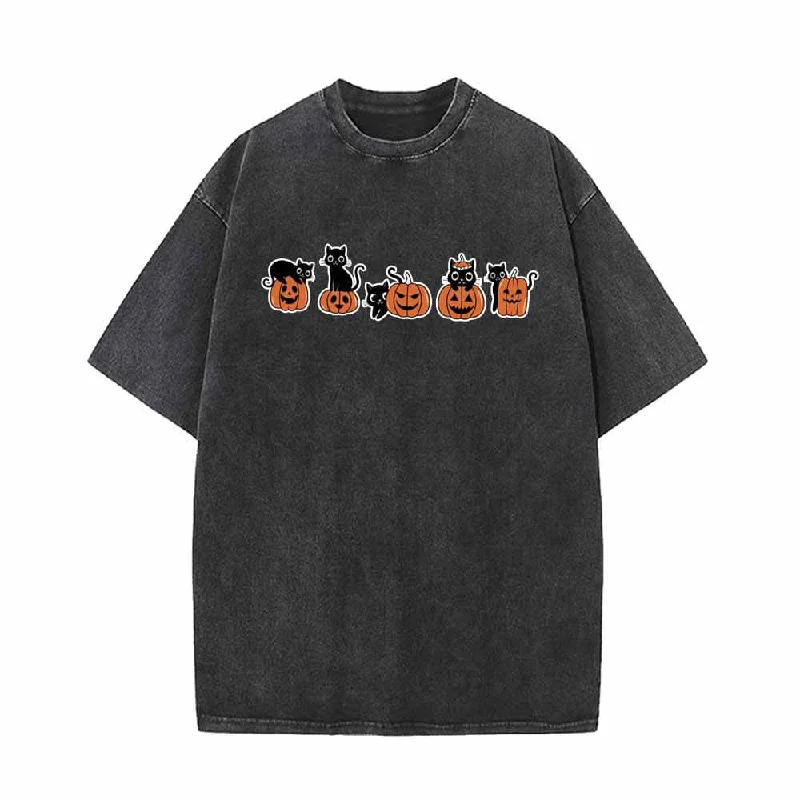 Black Cat Pumpkin Head Vintage Washed T-shirt-- Mesh Fabric Canvas Fabric Denim Fabric Black Cat Pumpkin Head Vintage Washed T-shirt-- Mesh Fabric Canvas Fabric Denim Fabric