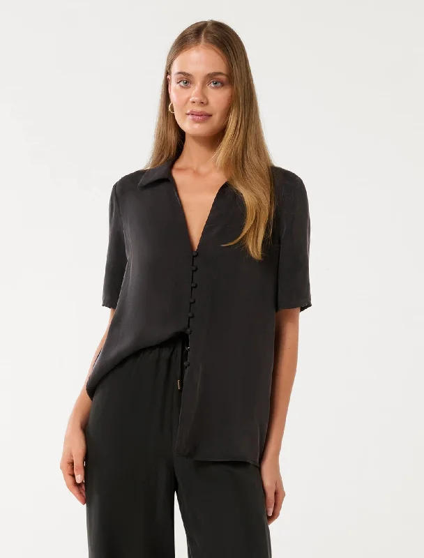 Bella Cupro Button Front Shirt-- Terry Blend Velvet Blend Canvas Blend
