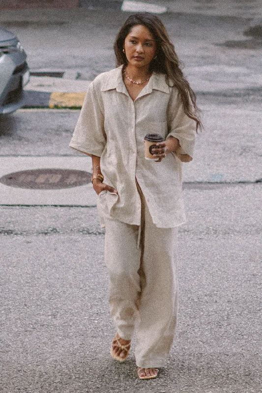 Saturday Short Sleeve Linen Shirt in Sand-- Fleece Fabric Down Fabric Feather Fabric