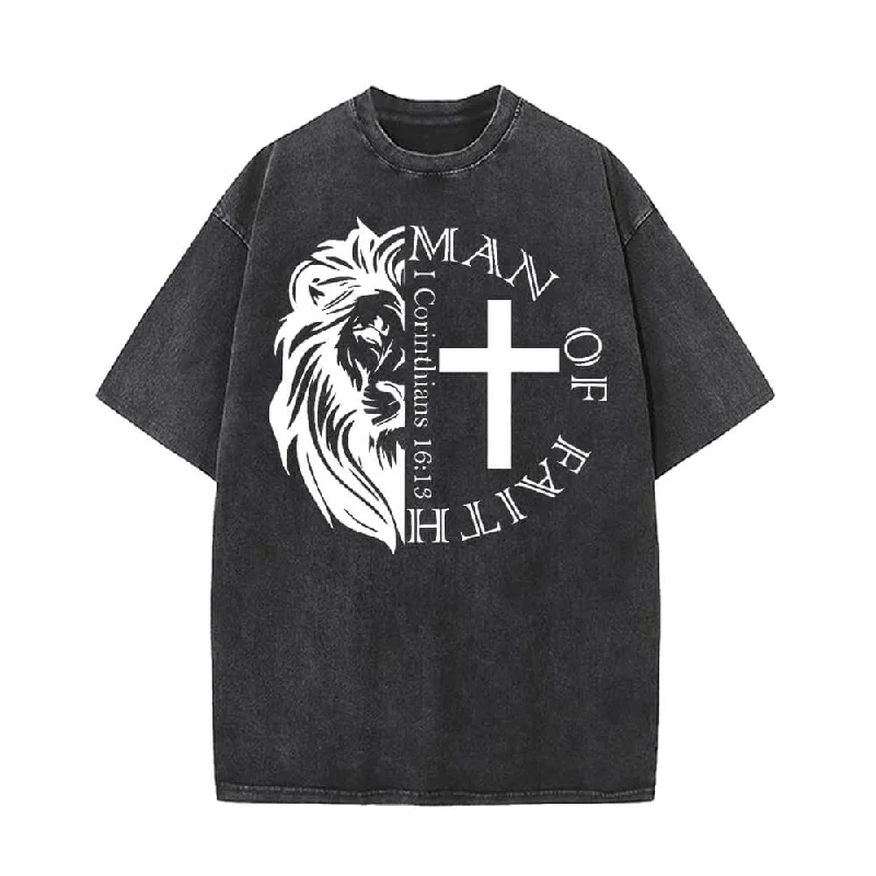 Man Of Faith Lion Cross Vintage Washed T-shirt-- Houndstooth Herringbone Solid