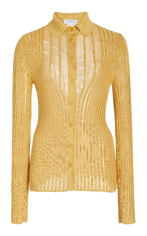Aera Knit Shirt in Gold Shappe Silk-- Beaded Sequined Faux Fur