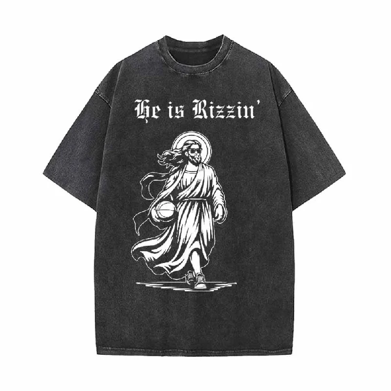 He Is Rizzin Jesus Holding Basketball Vintage Washed T-shirt-- Zippered Buttoned Snapped He Is Rizzin Jesus Holding Basketball Vintage Washed T-shirt-- Zippered Buttoned Snapped