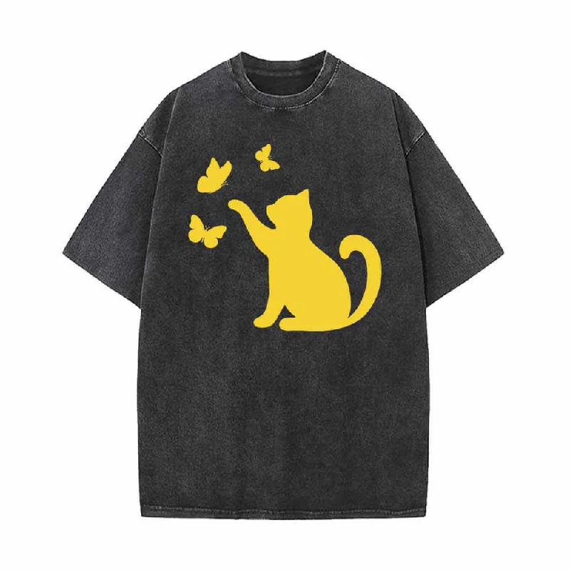 Cat With Butterfly Kitten Playing Vintage Washed T-shirt-- Collared T-Shirt Boat Neck A-Line Cat With Butterfly Kitten Playing Vintage Washed T-shirt-- Collared T-Shirt Boat Neck A-Line