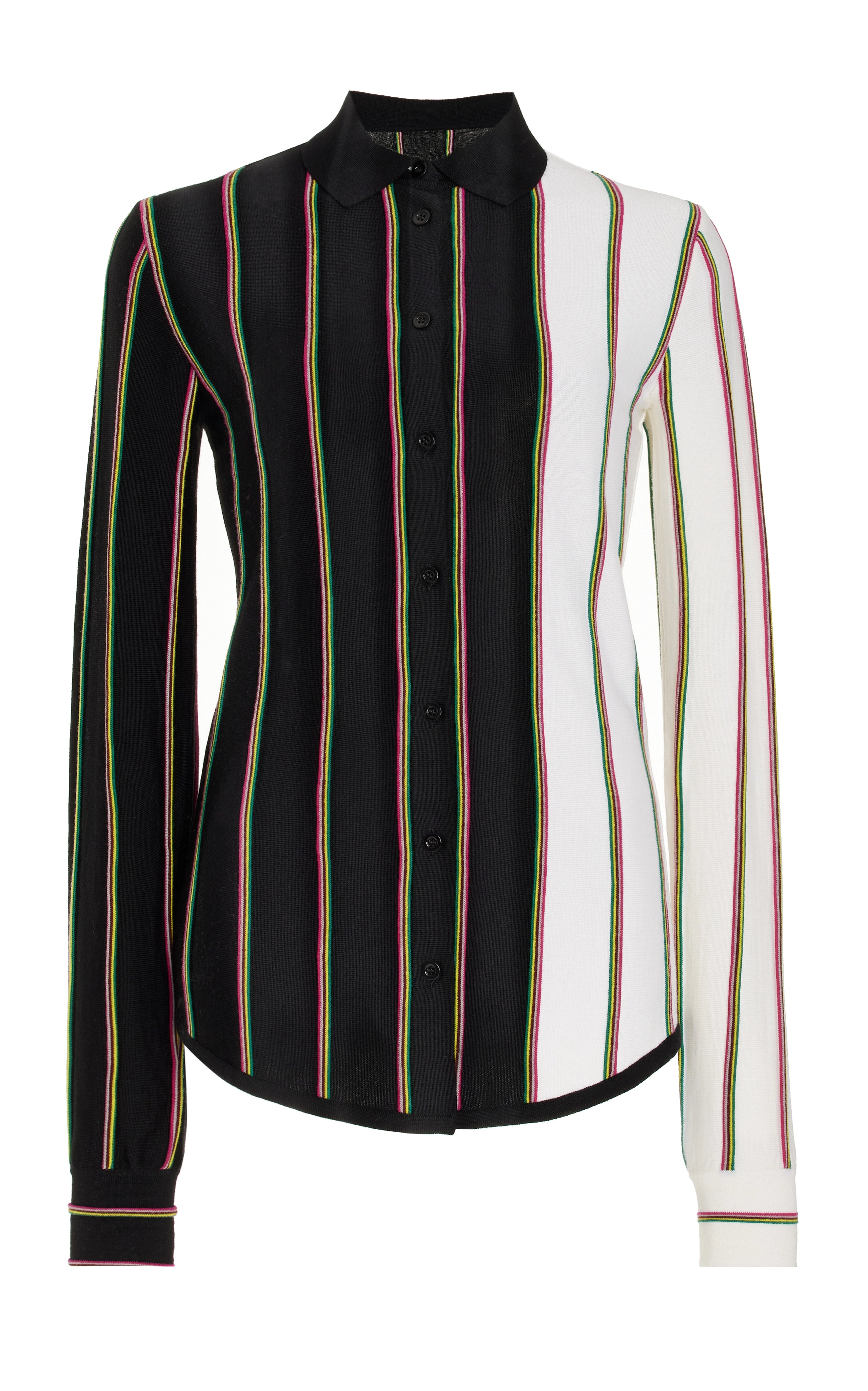 Tessa Knit Shirt in Navy Multi Striped Merino Wool-- Asymmetrical Pockets Print