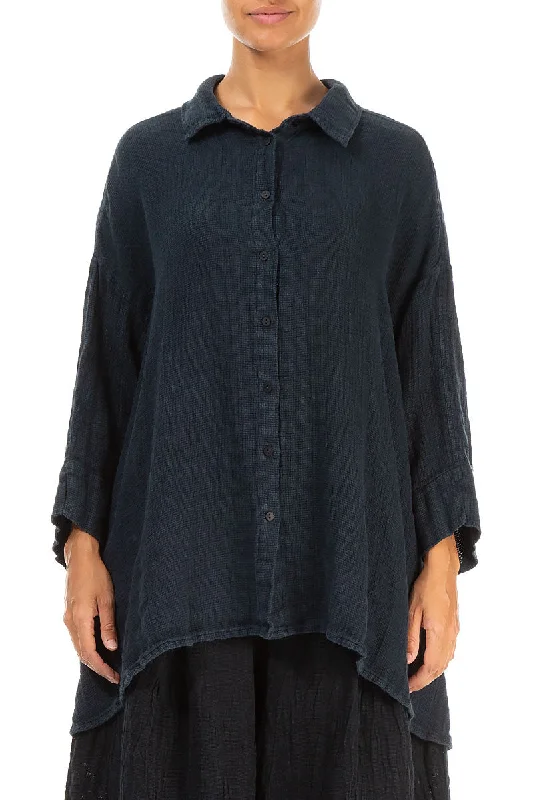 Loose Midnight Blue Textured Linen Shirt-- Notch Collar Peter Pan Collar Cowl Neck
