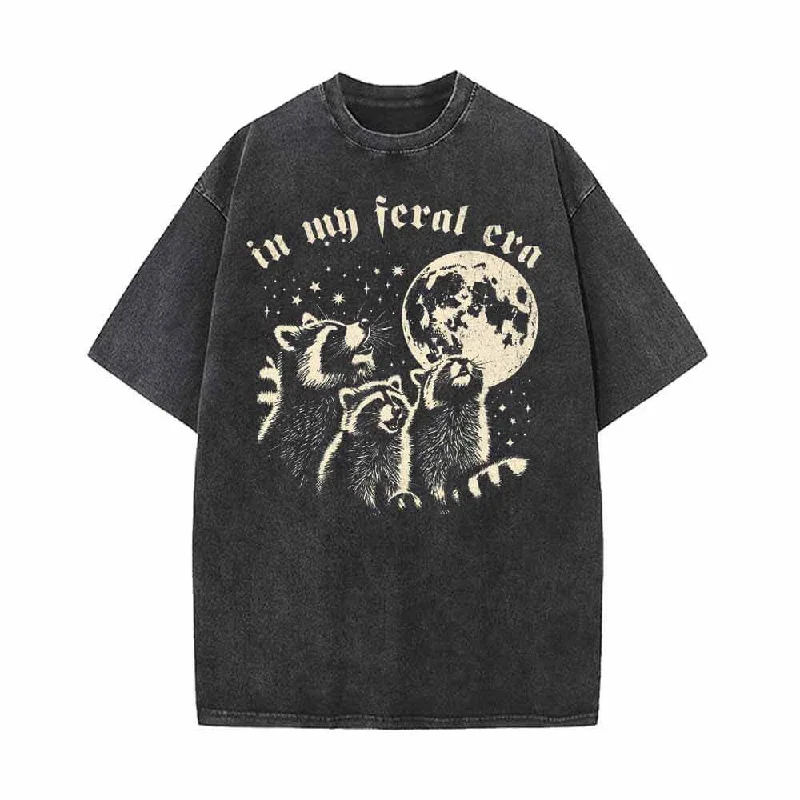 In My Feral Era Raccoon and Moon Vintage Washed T-shirt-- Solid Color Striped Floral