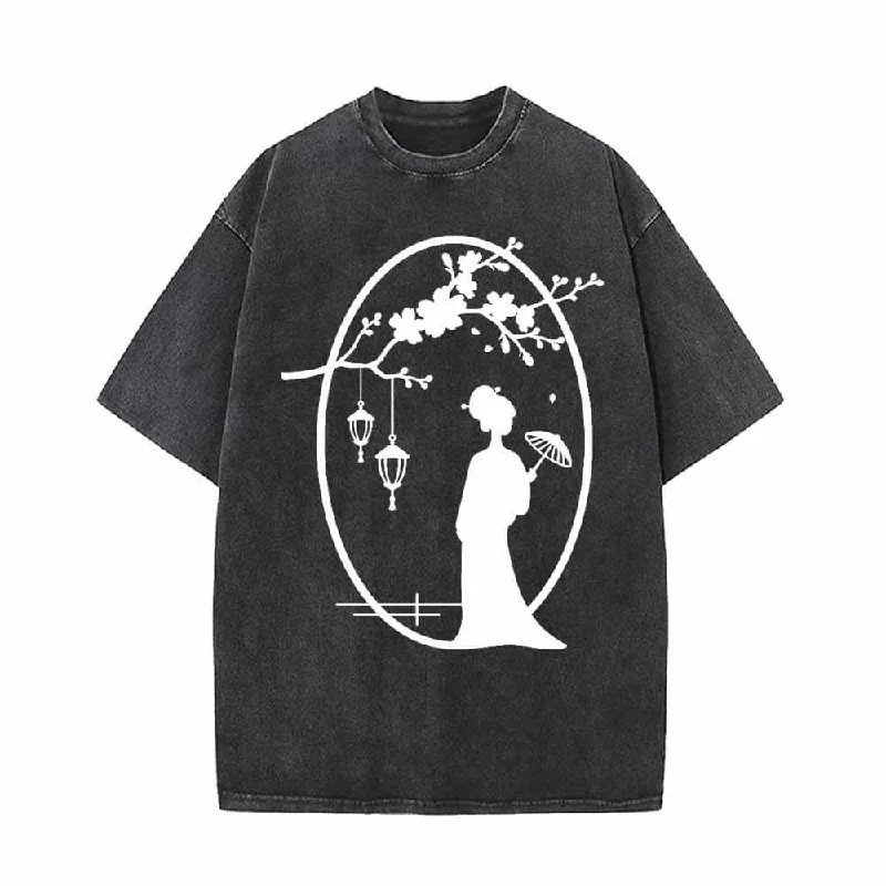 Chinese Beauty Plum Blossom Vintage Washed T-shirt-- Fleece Nylon Spandex