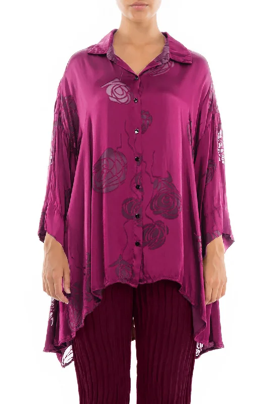 Loose Roses Magenta Silk Shirt-- Handmade Hand-knitted Hand-woven