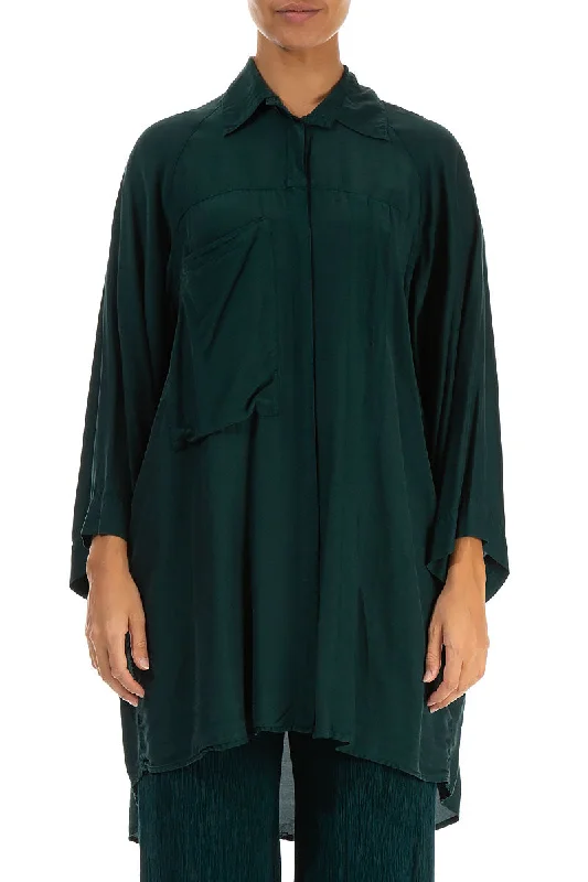 Side Pocket Emerald Silk Bamboo Shirt-- Fashionable Trendy Casual
