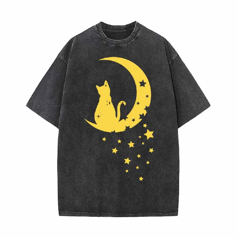 Magical Cat with Moon Star Vintage Washed T-shirt-- Striped Floral Plaid