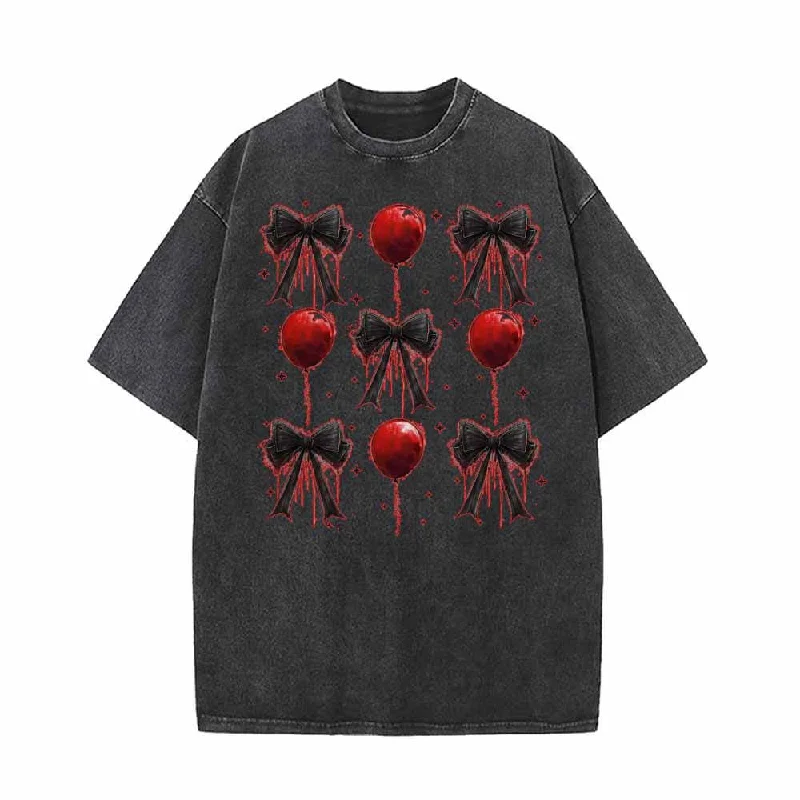 Bloody Bow And Balloon Vintage Washed T-shirt-- Collared Crew Neck Turtle Neck