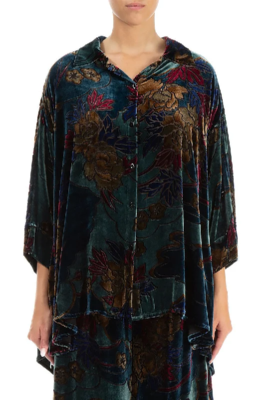 Floral Devoré Silk Velvet Shirt-- Fleece Fabric Down Fabric Feather Fabric