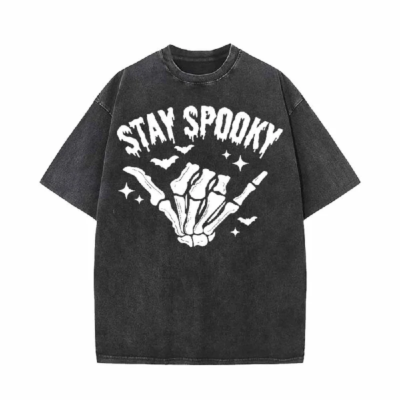 Vintage Washed Stay Spooky Skull Hand Short Sleeve T-shirt-- Fleece Nylon Spandex