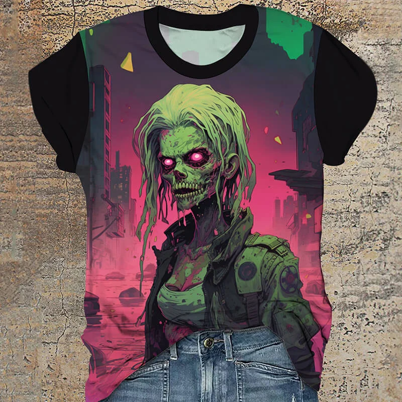 Cyberpunk Mutant Skull Warrior Round Neck T-Shirt-- Striped Floral Plaid