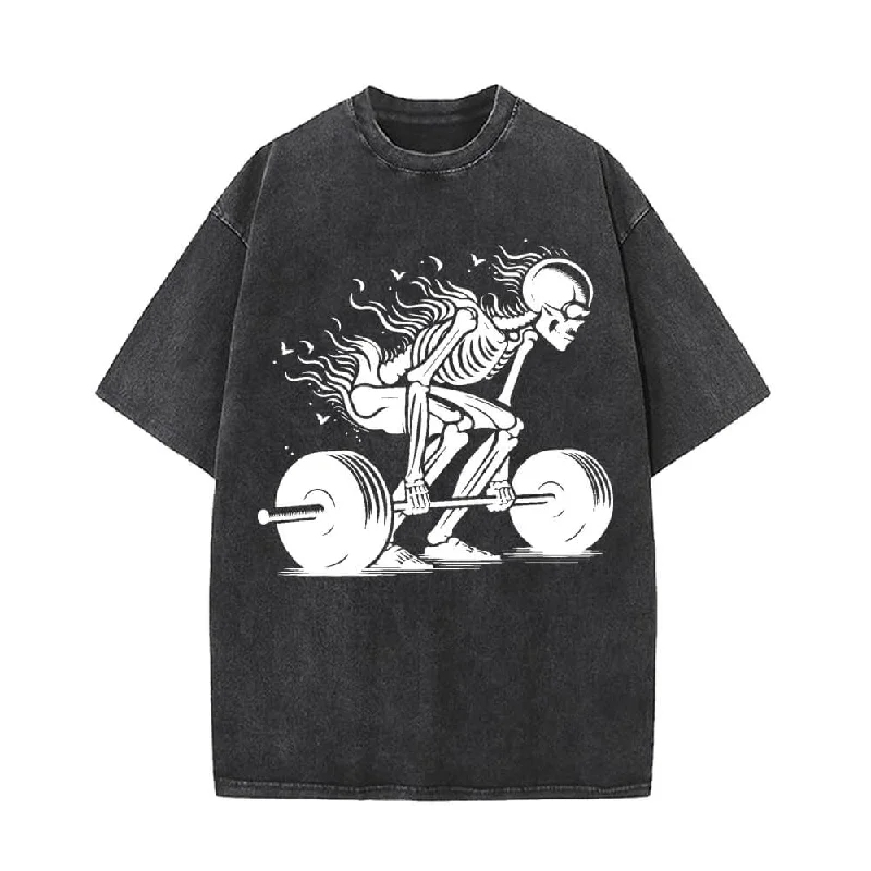 Skeleton Deadlift Barbell Vintage Washed T-shirt-- Fashionable Trendy Casual