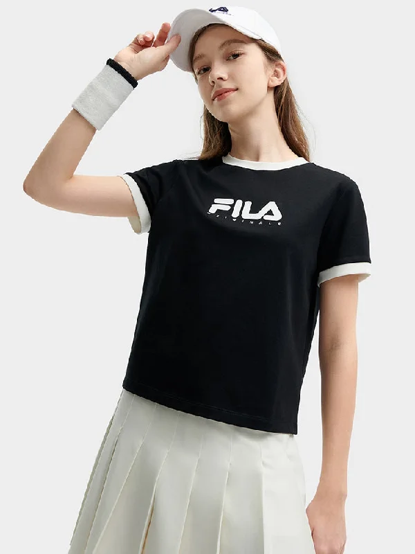 FILA CORE WHITE LINE FILA ORIGINALE Women Short Sleeve T-shirt (Black / White)-- Welt Pockets Slit Pockets