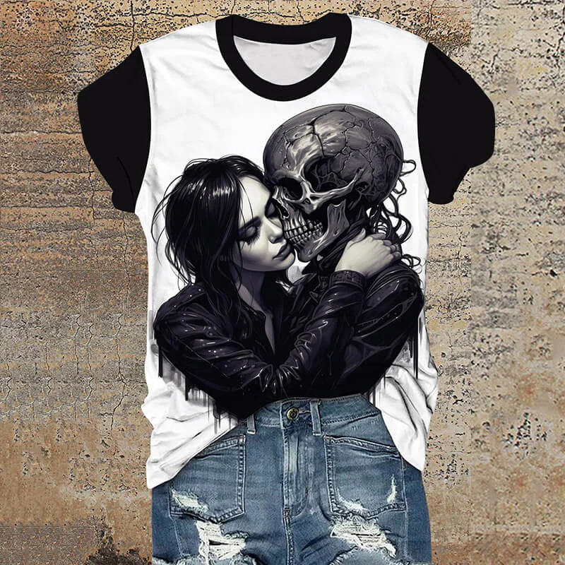 Gothic Love Kiss Short Sleeve T-Shirt-- Collared Crew Neck Turtle Neck