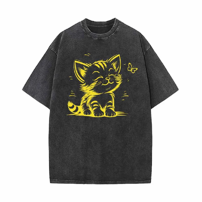 Cute Kitten With Butterfly Vintage Washed T-shirt-- Houndstooth Herringbone Solid