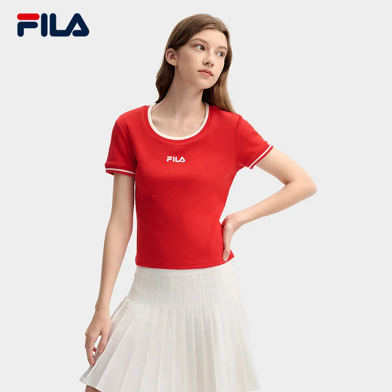 FILA CORE LIFESTYLE ORIGINALE FRENCH TENNIS CLUB Women Short Sleeve T-shirt (Red)-- V-Neck T-Shirt Long Sleeve Cotton