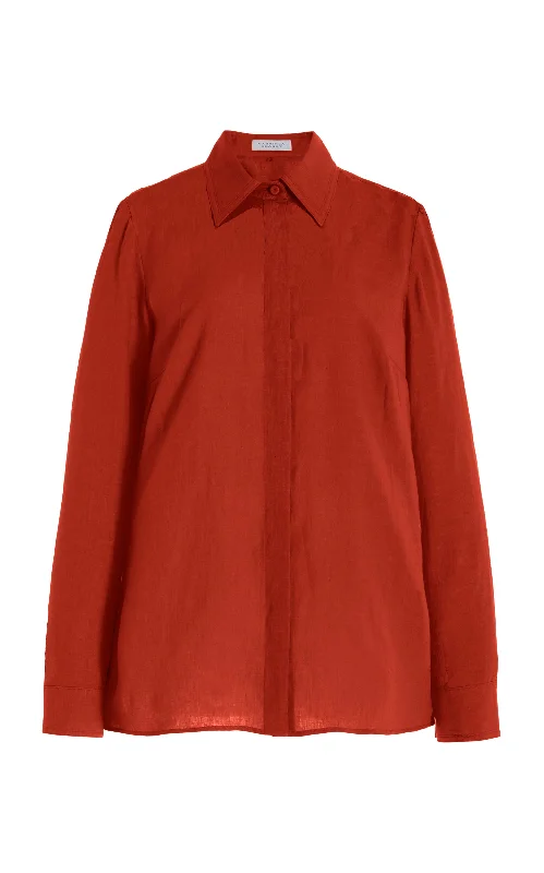 Cruz Shirt in Red Clay Aloe Linen-- Plaid T-Shirt Polka Dot Checkered
