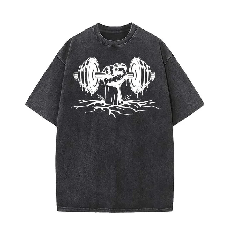 Dumbbell Lifting Pattern Vintage Washed T-shirt-- Welt Pockets Slit Pockets Flap Pockets Dumbbell Lifting Pattern Vintage Washed T-shirt-- Welt Pockets Slit Pockets Flap Pockets