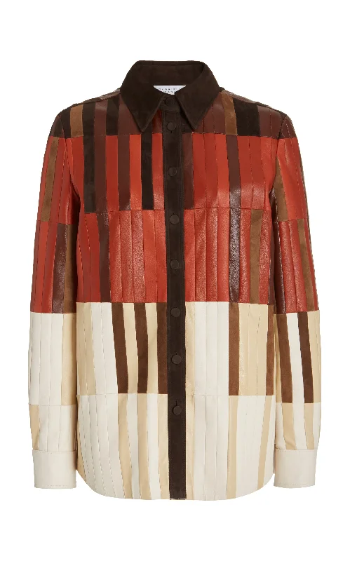 Campos Patchwork Shirt in Red Clay Nappa Leather-- Spandex Blend Rayon Blend Denim Blend