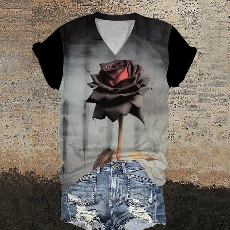 One Rose V-Neck Gothic T-Shirt-- Welt Pockets Slit Pockets