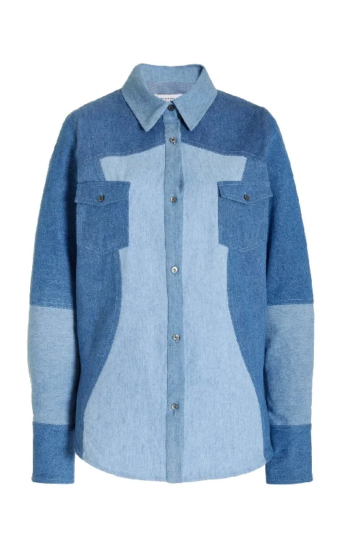 Elly Shirt in Upcycled Denim-- Notch Collar Peter Pan Collar Cowl Neck