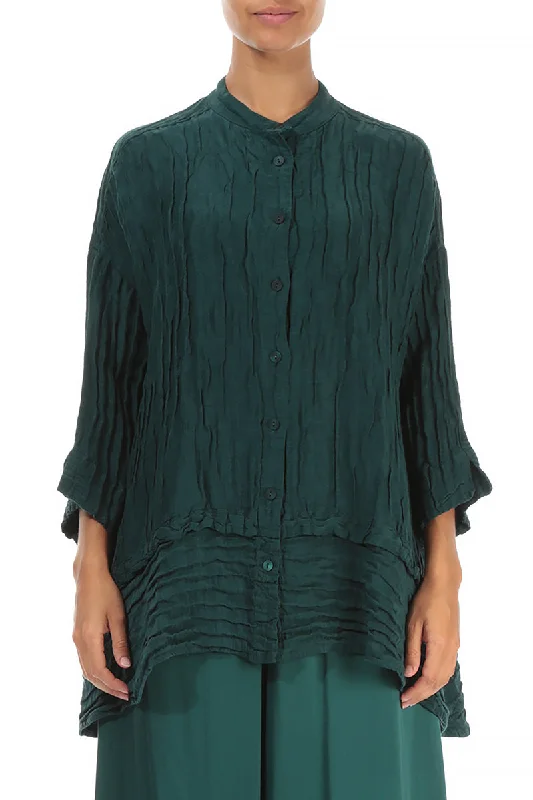 Flared Crinkled Emerald Silk Shirt-- Satin Fabric Silk Fabric Chiffon Fabric