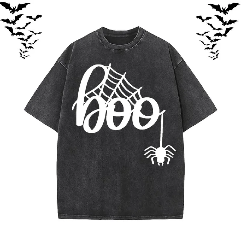 Spider Web Boo Vintage Washed T-shirt-- Zippered Front Buttoned Front Snap Front