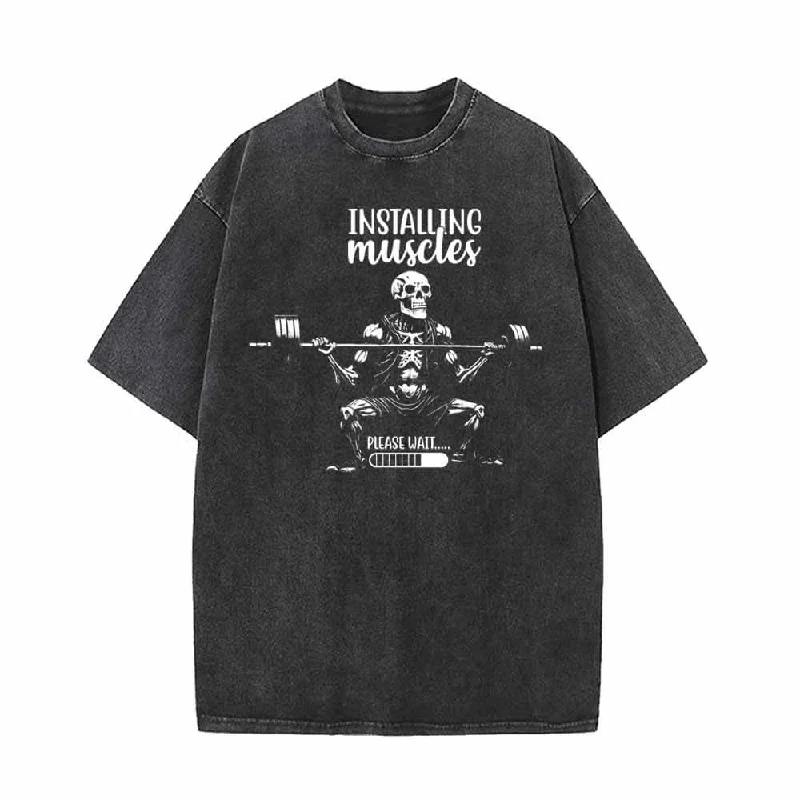 Installing Muscle Skeleton Barbell Vintage Washed T-shirt-- Handmade Hand-knitted Hand-woven Installing Muscle Skeleton Barbell Vintage Washed T-shirt-- Handmade Hand-knitted Hand-woven
