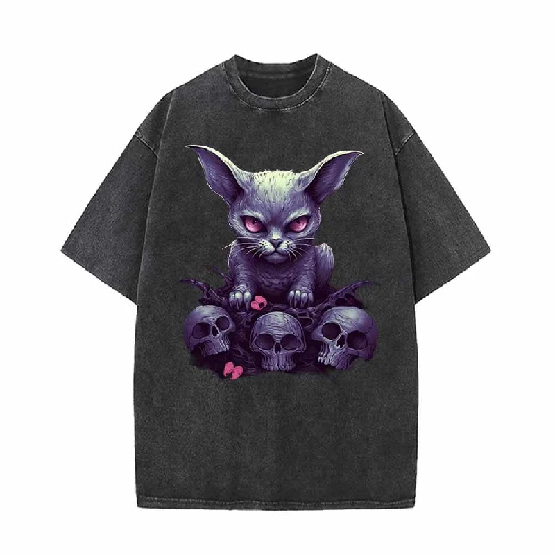 Gothic Kitten And Skeleton Vintage Washed T-shirt-- Polka Dot Checkered Tartan