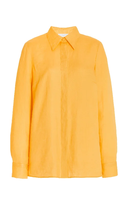 Cruz Shirt in Fluorescent Orange Aloe Linen-- Collared Crew Neck Turtle Neck
