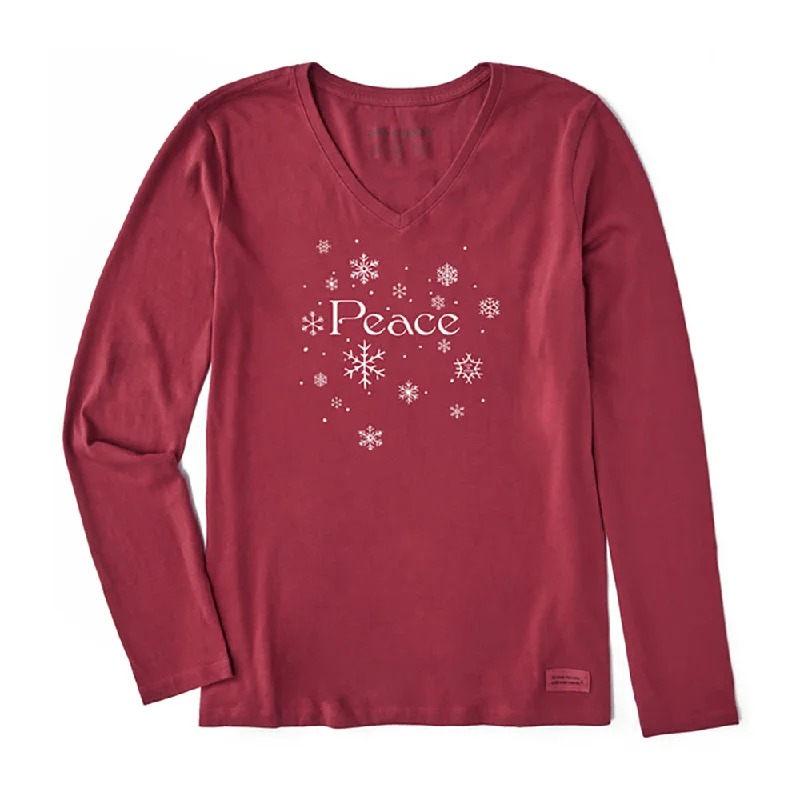 Life Is Good Peace Snowflakes Long Sleeve Womens Shirt-- Boxy Fit Fitted Loose