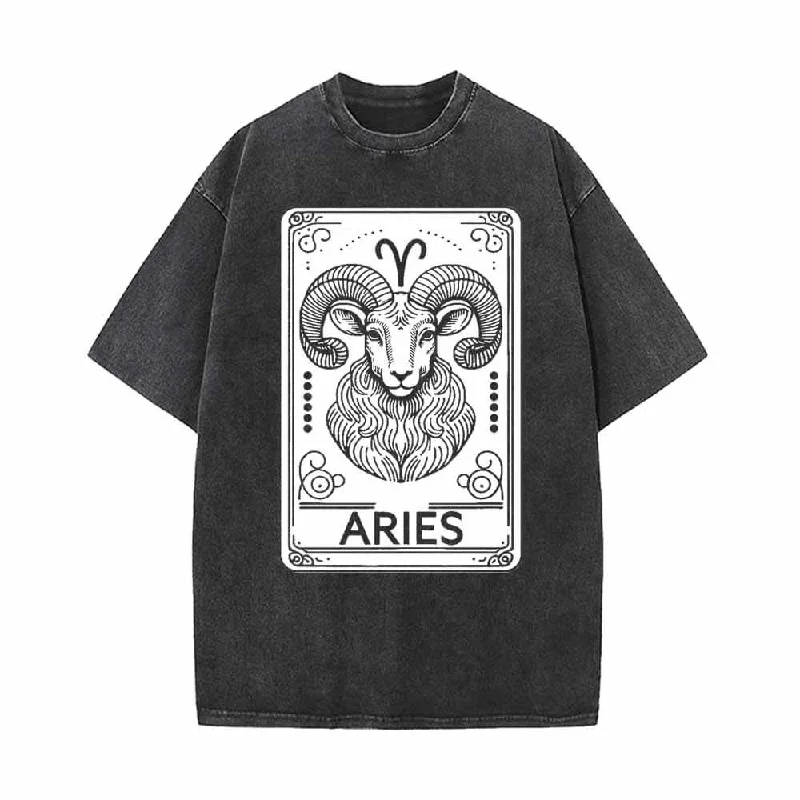 Aries Tarot Card Horoscope Vintage Washed T-shirt-- Notch Collar Peter Pan Collar Cowl Neck Aries Tarot Card Horoscope Vintage Washed T-shirt-- Notch Collar Peter Pan Collar Cowl Neck