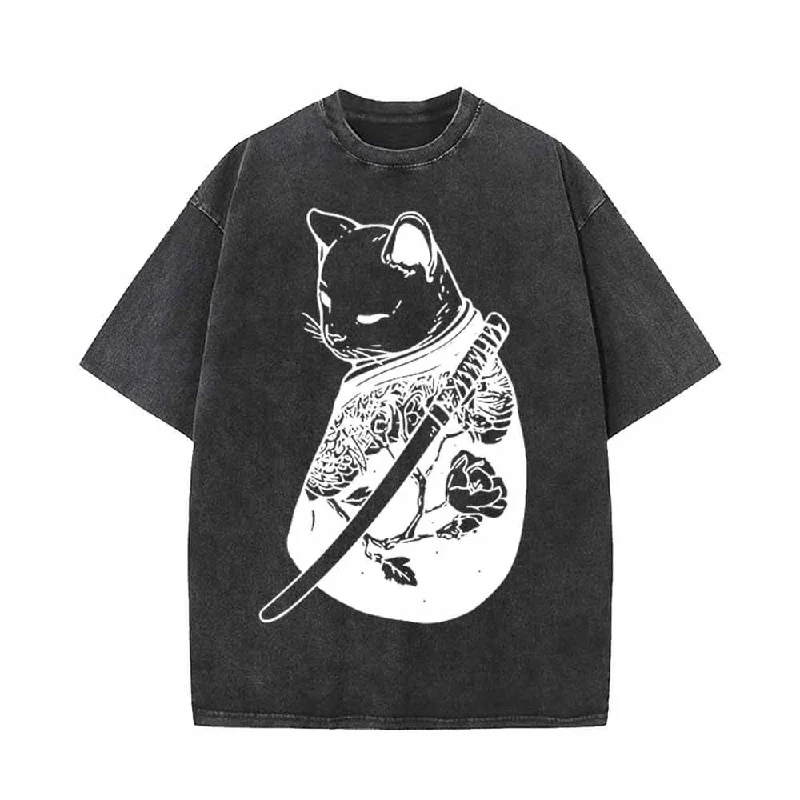 Cool Cat Samurai Vintage Washed T-shirt-- Embroidered Appliqued Beaded