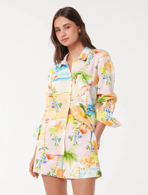Lydia Oversized Linen Shirt-- Embroidered Appliqued Beaded