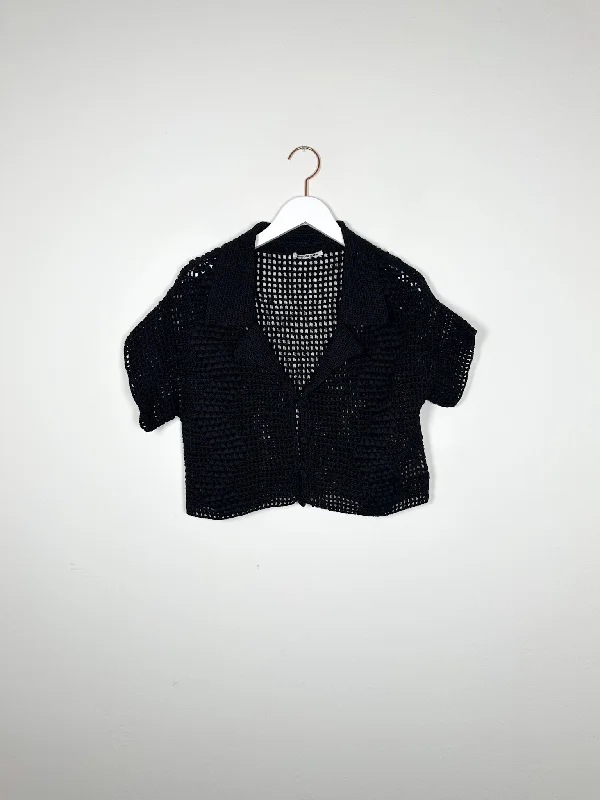 Mozhdeh Matin - Zigzag Crop Shirt - Black-- Lace Blend Ribbed Blend Corduroy Blend