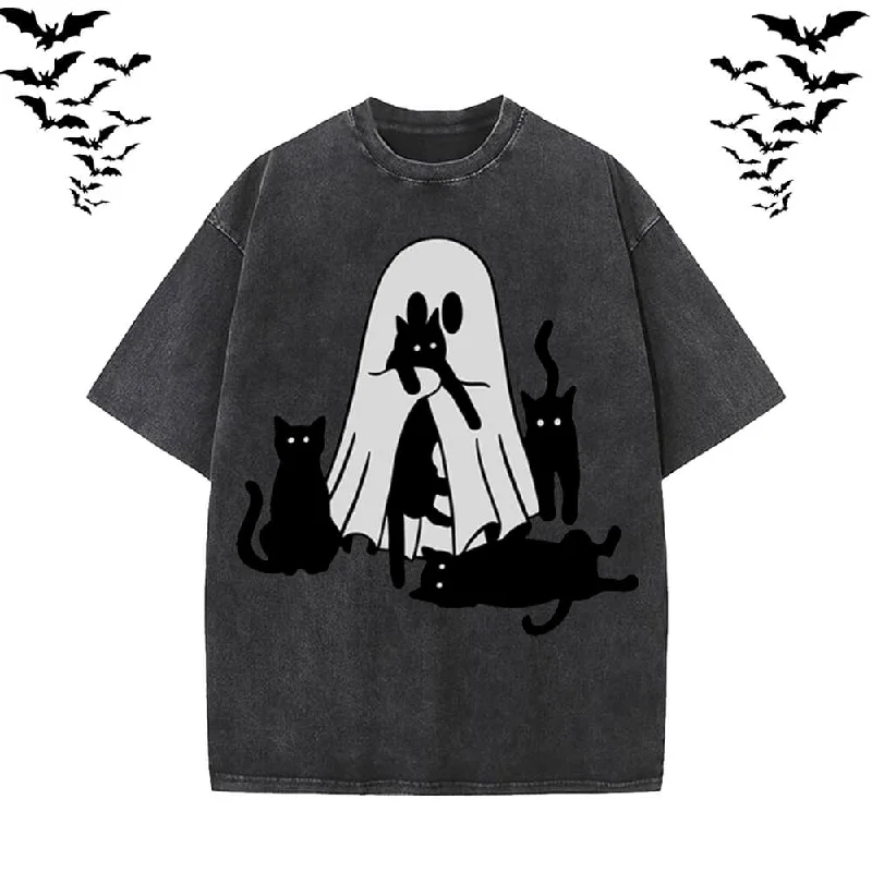 Black Cat Ghouls Vintage Washed T-shirt-- Casual Formal Business