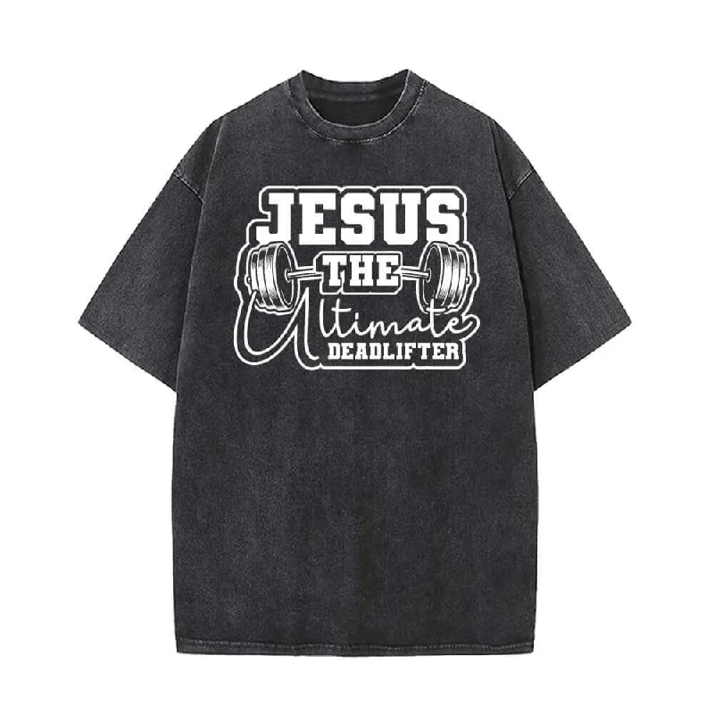 Jesus The Deadlifter Dumbbell Pattern Vintage Washed T-shirt-- Collared T-Shirt Boat Neck A-Line Jesus The Deadlifter Dumbbell Pattern Vintage Washed T-shirt-- Collared T-Shirt Boat Neck A-Line