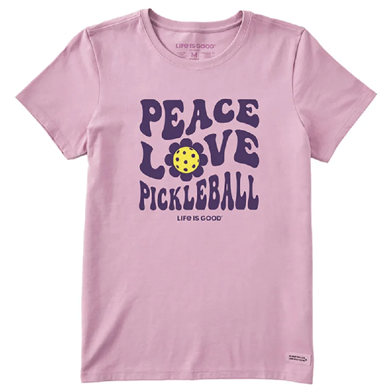 Life Is Good Groovy Peace Love Pickleball Womens T-Shirt-- Solid Print Embellished