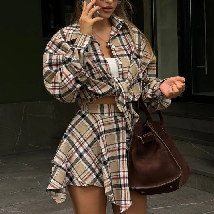 Spring Autumn Street Retro Women Clothing Set of Long Sleeved Plaid Shirt Irregular Asymmetric Skirt Loose Outfit-- Fleece Nylon Spandex Spring Autumn Street Retro Women Clothing Set of Long Sleeved Plaid Shirt Irregular Asymmetric Skirt Loose Outfit-- Fleece Nylon Spandex