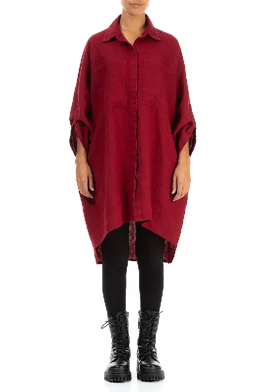Wide Loose Deep Red Linen Shirt-- Collared Crew Neck Turtle Neck