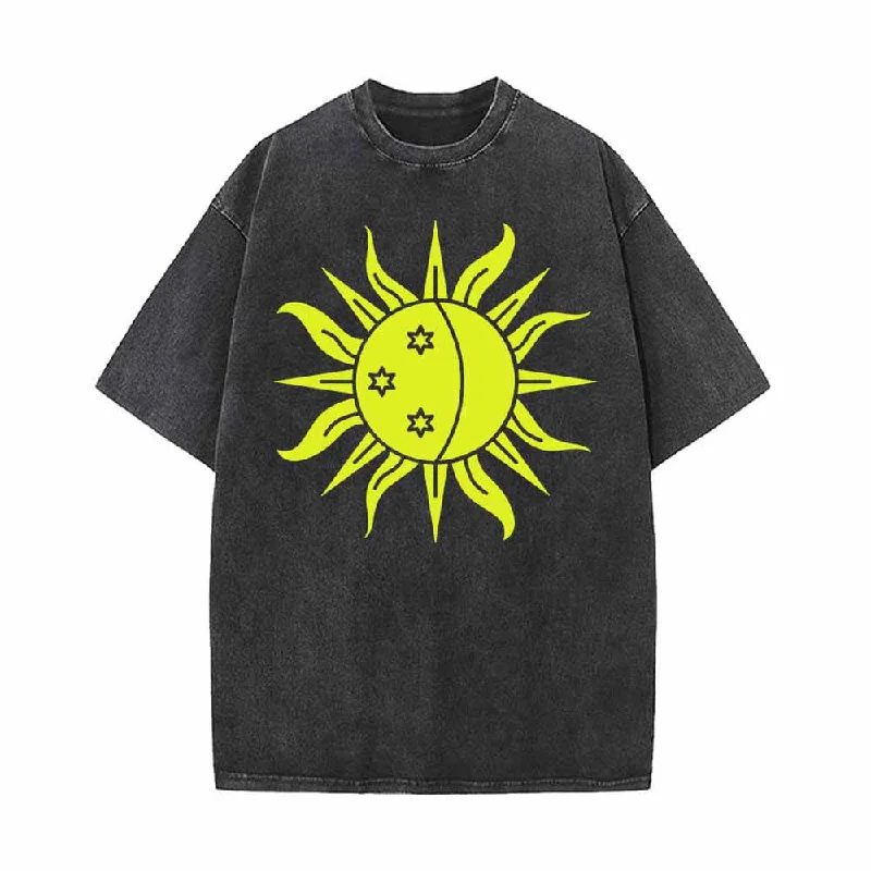Shining Sun Moon Star Print Vintage Washed T-shirt-- Mesh Blend Leather Blend Suede Blend