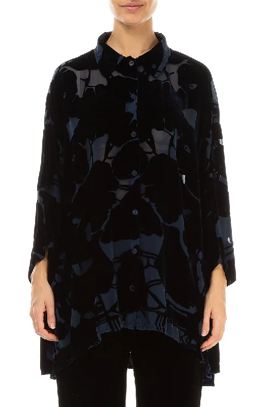 Devoré Pattern Midnight Blue Silk Velvet Shirt-- Welt Pockets Slit Pockets Flap Pockets