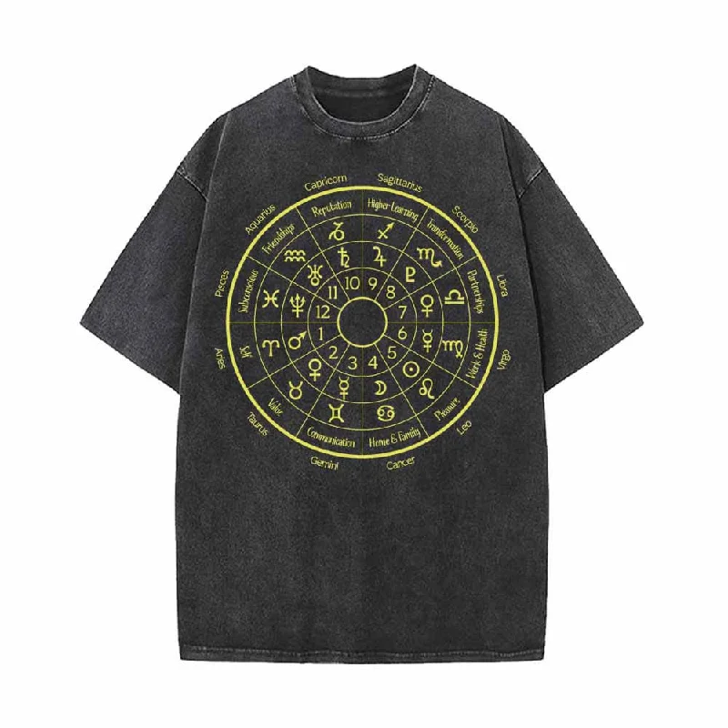 Astrological Houses Wheel Pattern Vintage Washed T-shirt-- Ribbed Striped Patterned