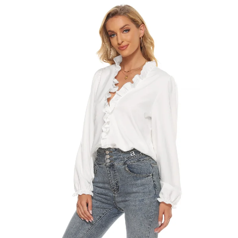 All-Over Print Women's Pleated Collar V-neck Shirt SS 14 white-- Modern Contemporary Chic All-Over Print Women's Pleated Collar V-neck Shirt SS 14 white-- Modern Contemporary Chic
