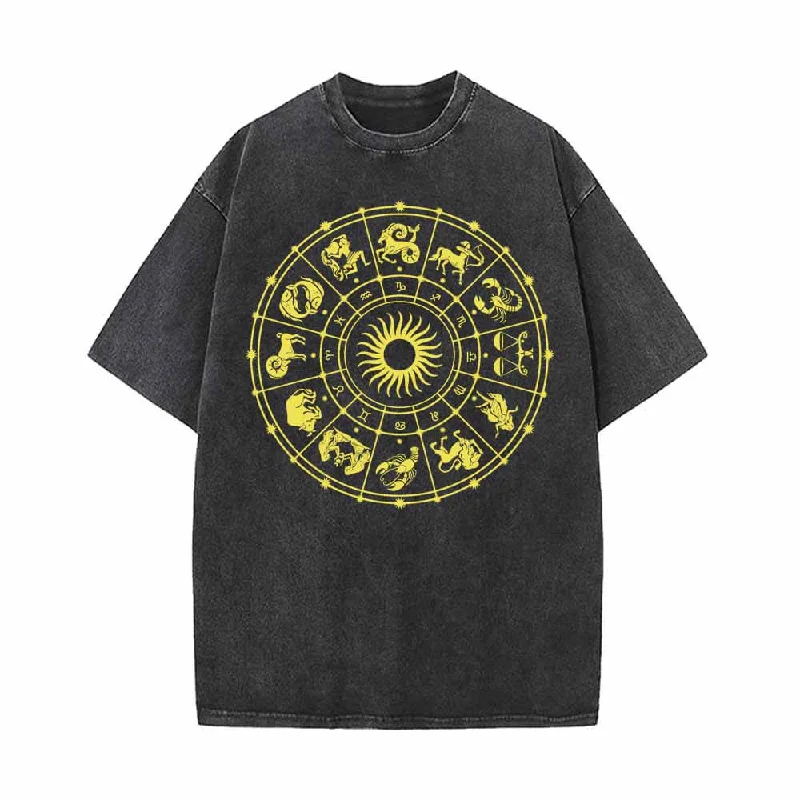 Zodiac Signs Astrology Wheel Vintage Washed T-shirt-- Lace Blend Ribbed Blend Corduroy Blend